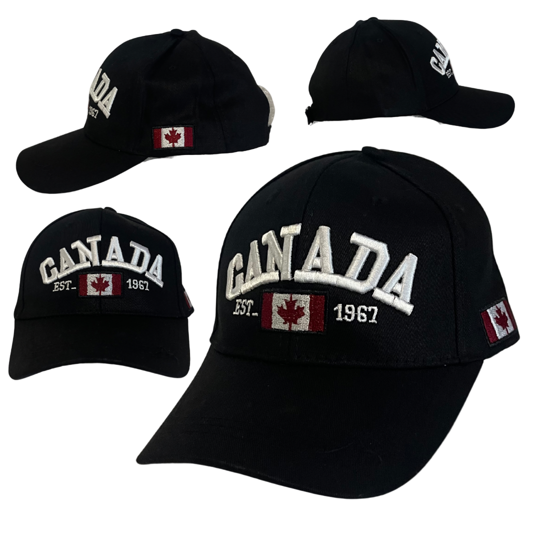 Black Canada baseball cap with embroidered ‘CANADA EST. 1967’ and Canadian flag patches on front and side