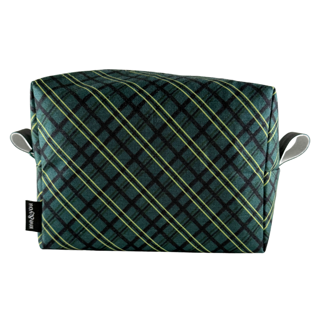 Green checkered pouch with white handles on a white background