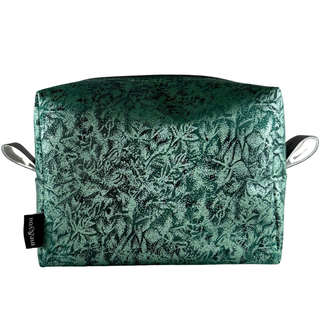 Green patterned pouch with handles on a white background