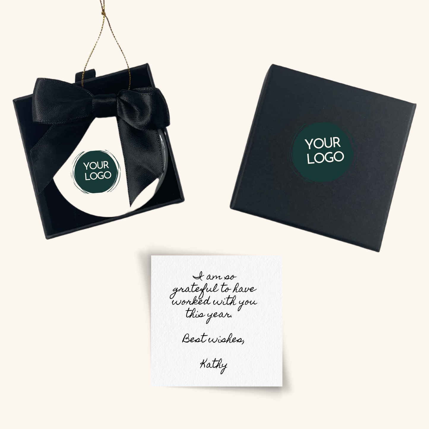 A close-up shot of a handcrafted ornament, personalized with a unique design and message. The ornament rests inside an elegant gift box, which can be customized with a company logo. Thoughtfully crafted in Regina, Saskatchewan, this keepsake makes a meaningful corporate gift for clients or employees.