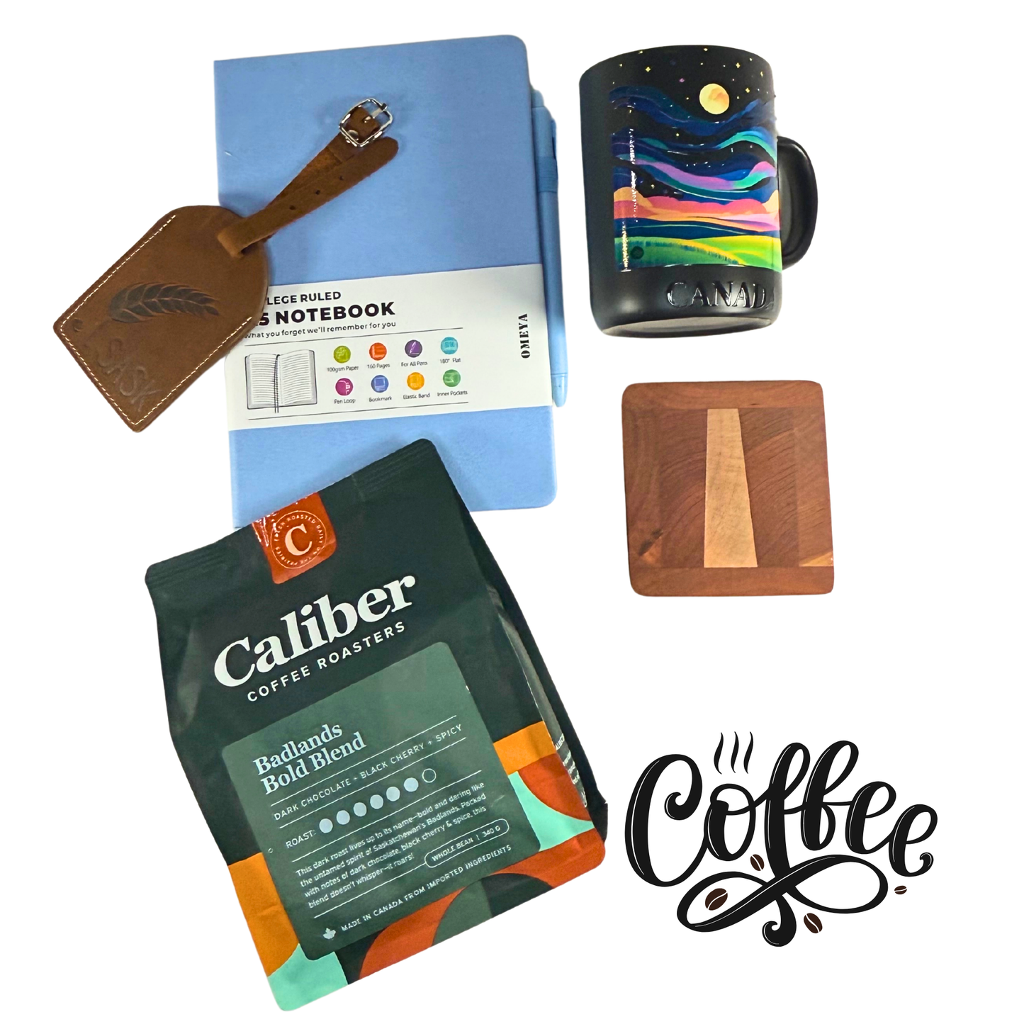 Prairie Coffee Gift Box featuring Caliber Coffee, mug, notebook, coaster, and leather luggage tag arranged in a white magnetic box.