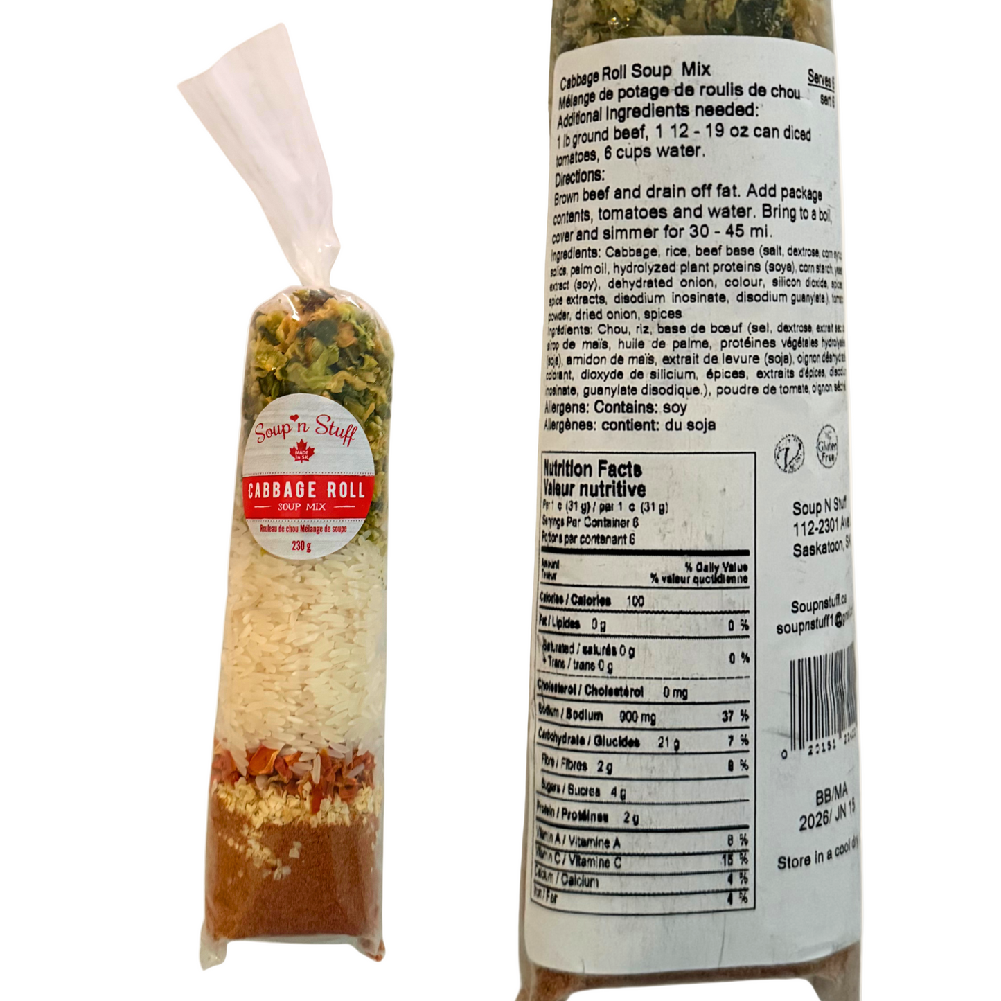 Cabbage Roll Soup Mix showing its layers of ingredients, directions, and label details.