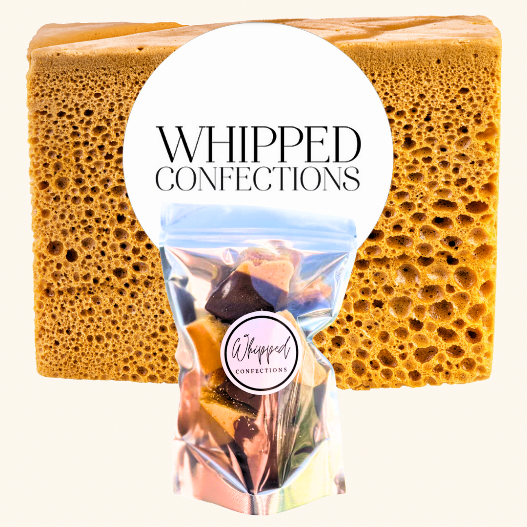 Locally made sponge toffee from Regina, with some pieces dipped in chocolate, packaged for gifting