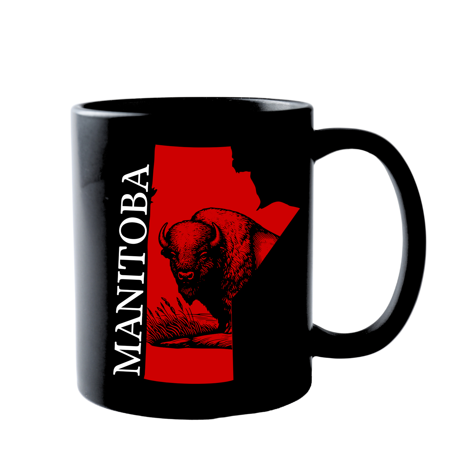 Black mug with red map of Manitoba and bison illustration on a white background