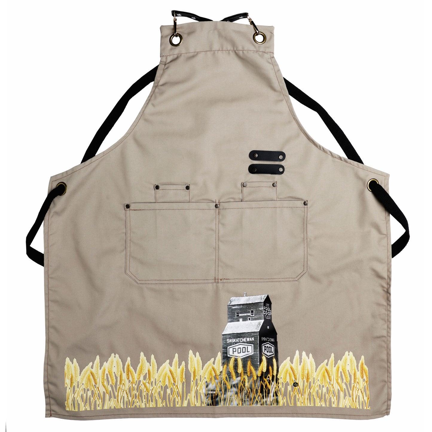 Beige apron with a graphic design of a milk carton and wheat on a white background