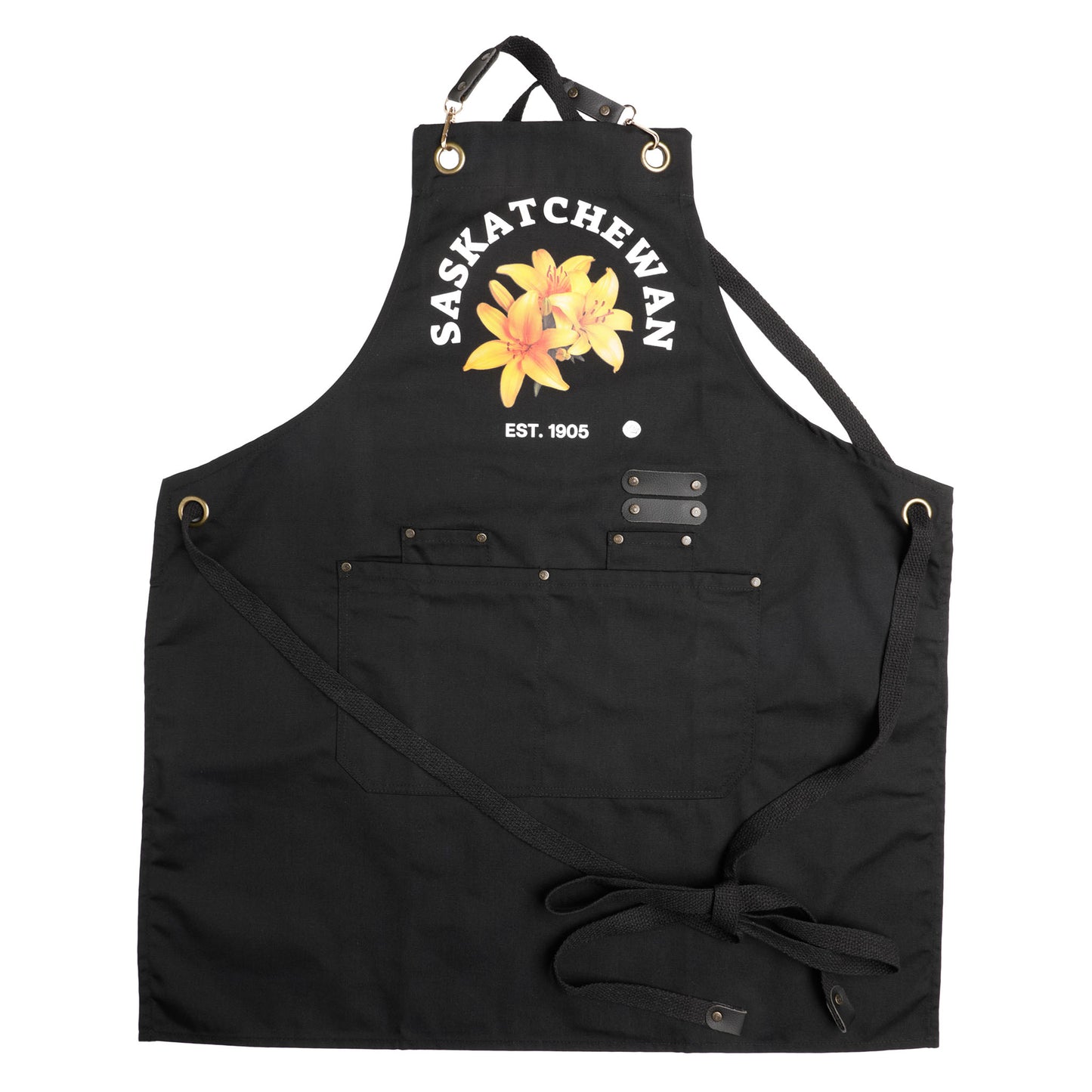 Black apron with 'Saskatchewan' and floral design on a white background