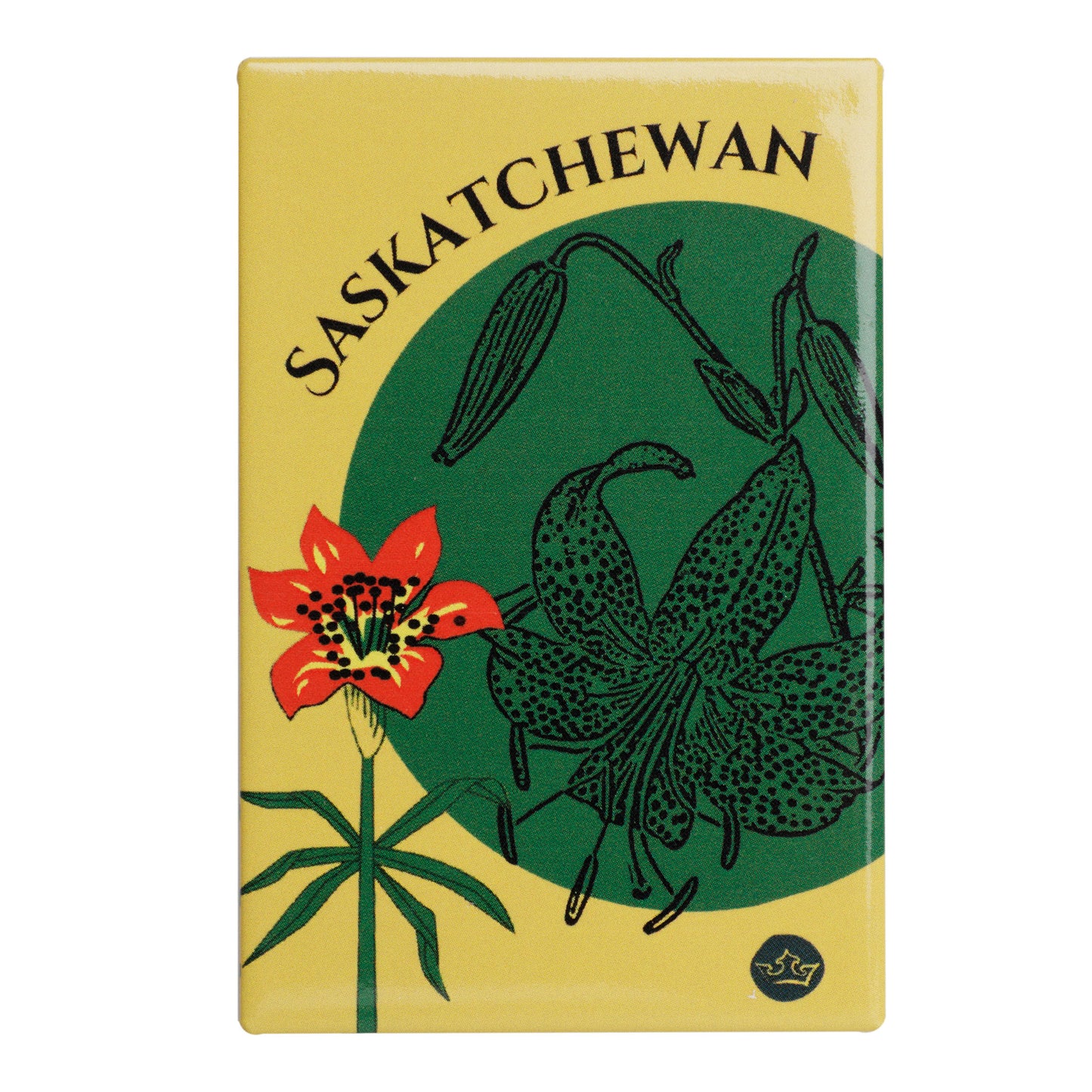 Saskatchewan-themed product with floral design on a yellow and green background