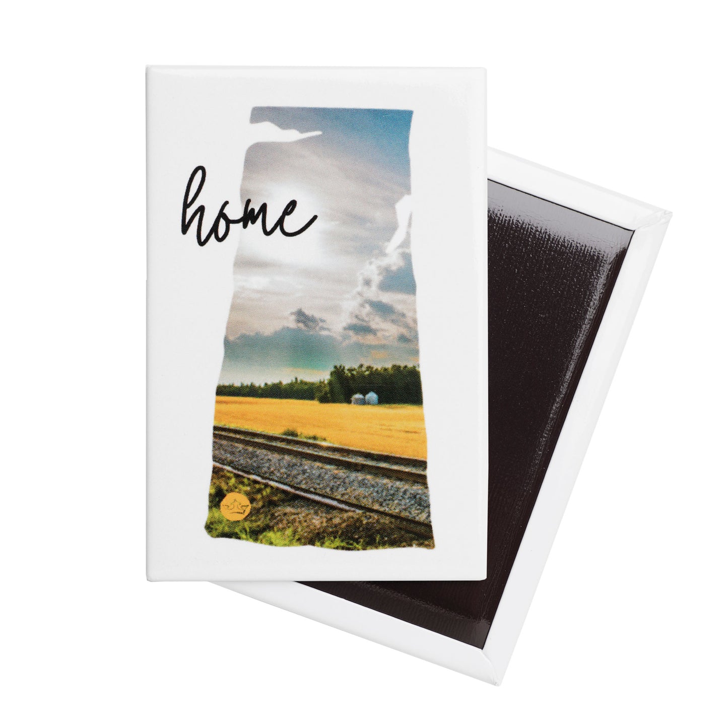 Saskatchewan magnet of a landscape with the word 'home' on a white background