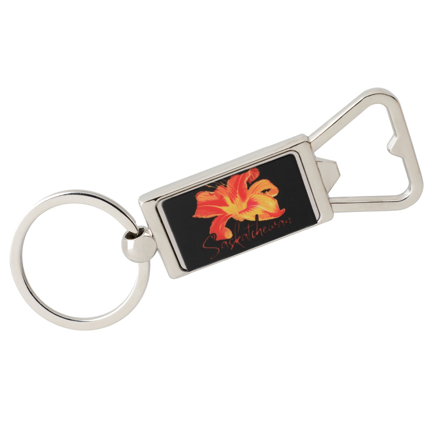 Keychain with a colorful flower design on a black background