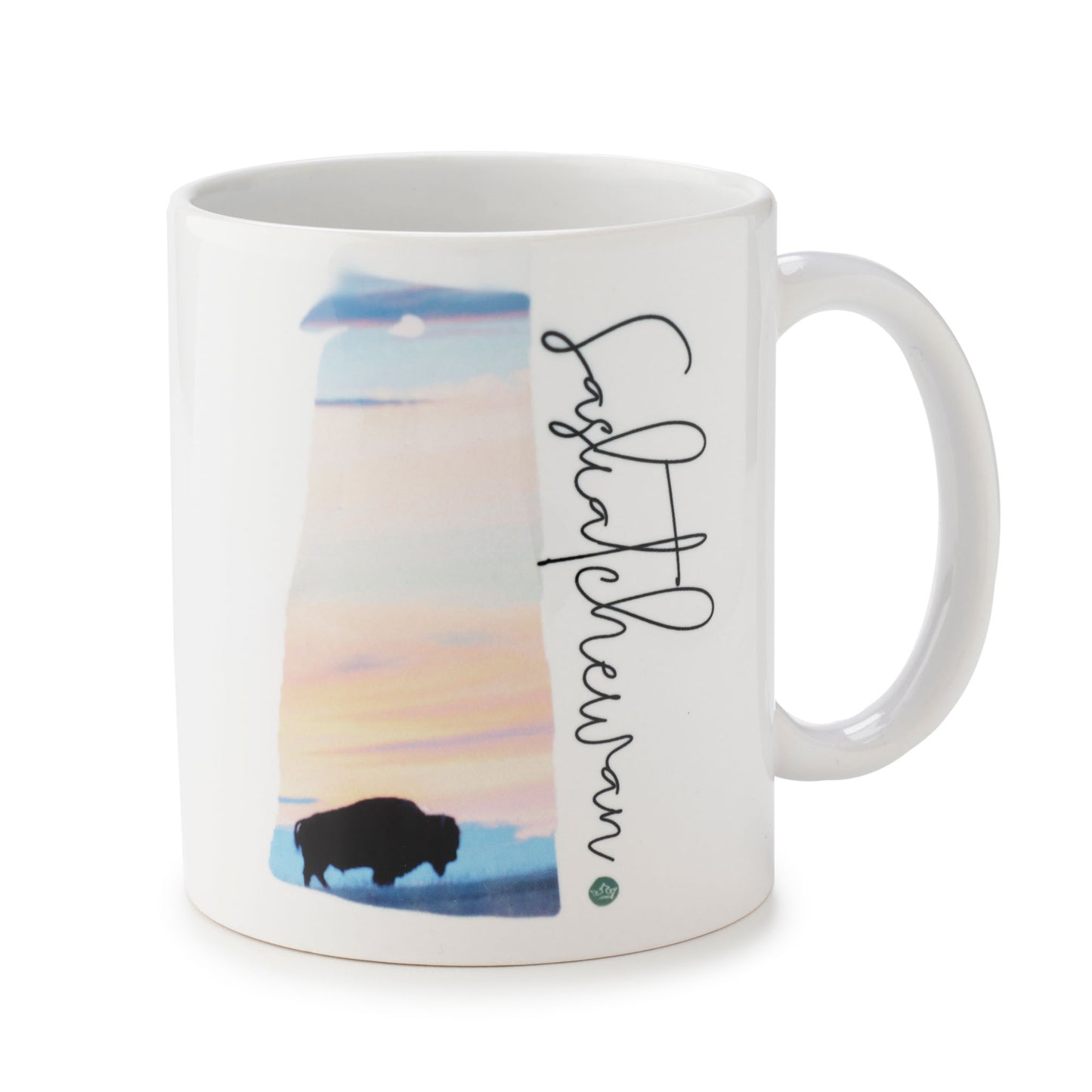 White mug with a scenic design featuring a buffalo and text on a white background