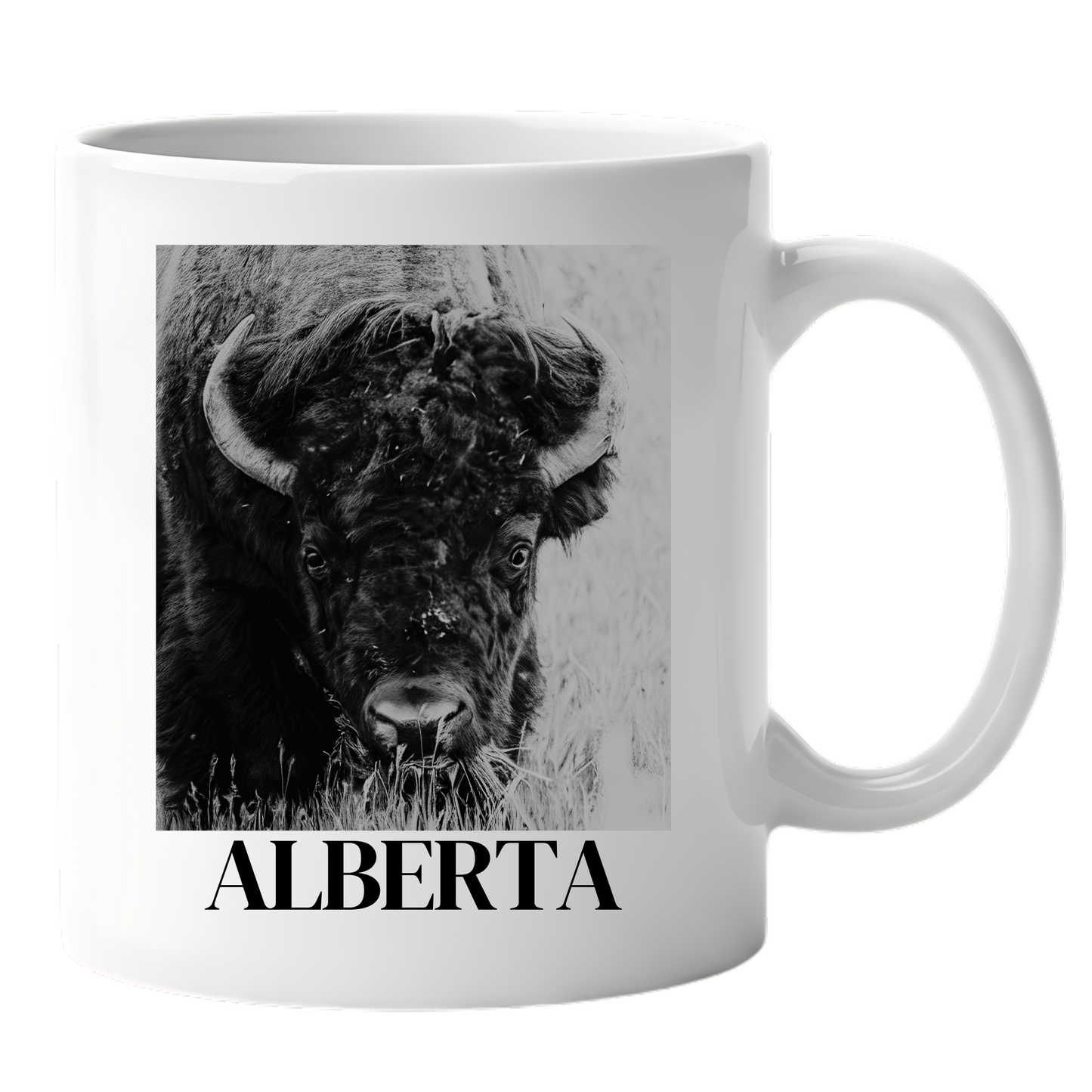 Ceramic mug with the word alberta and a bison on it