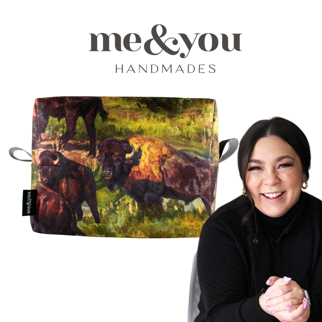 Handmade pouch with bison design next to a person with 'me & you handmades' branding.