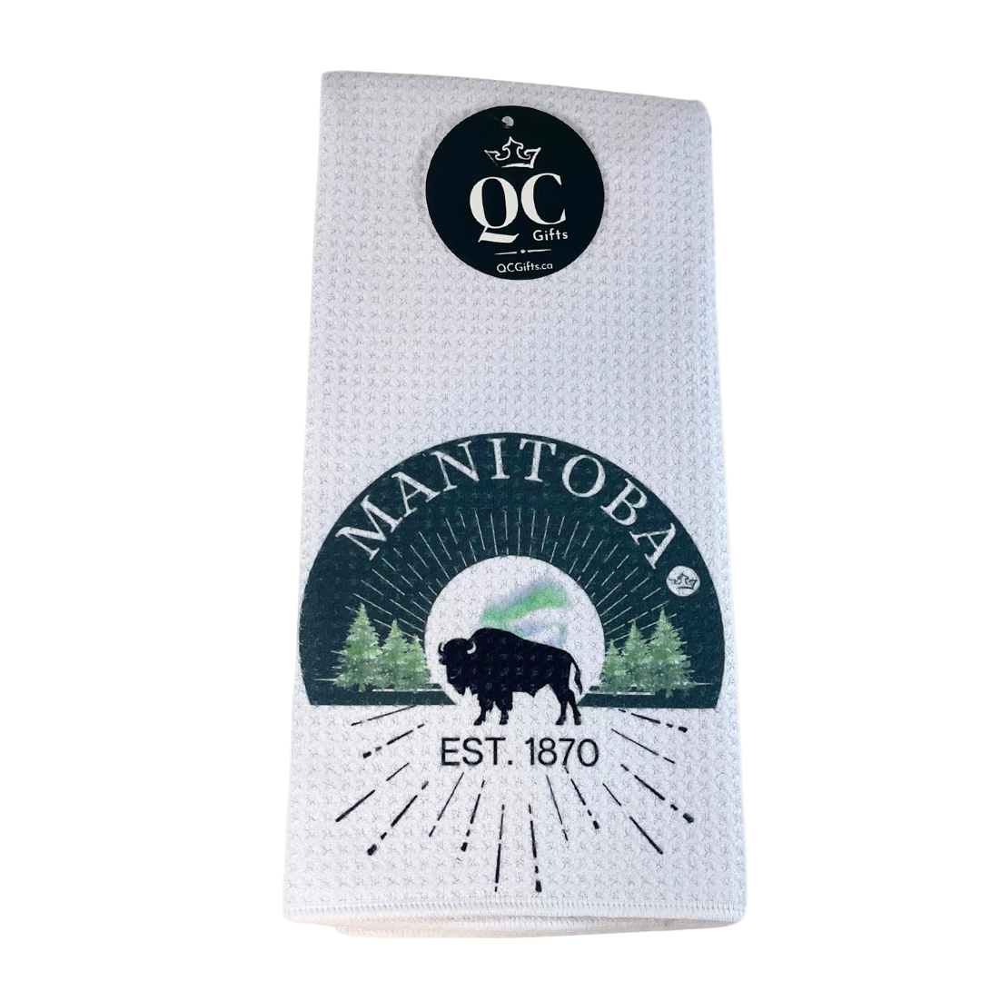 Alberta Bison Tea Towel featuring a bold design of a roaming bison, representing the wildlife and vast landscapes of Alberta.