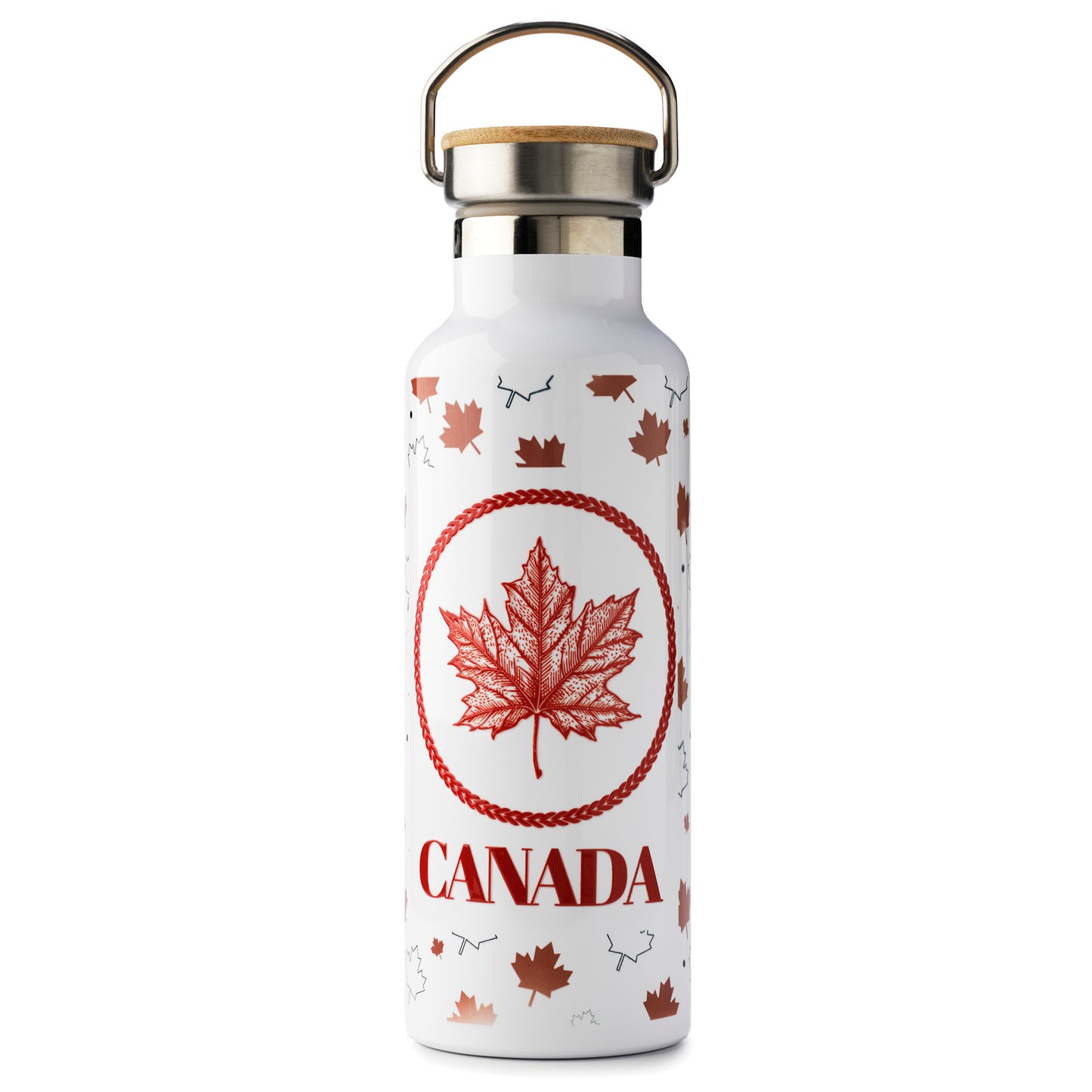 White water bottle with red maple leaf design and 'Canada' text on a white background