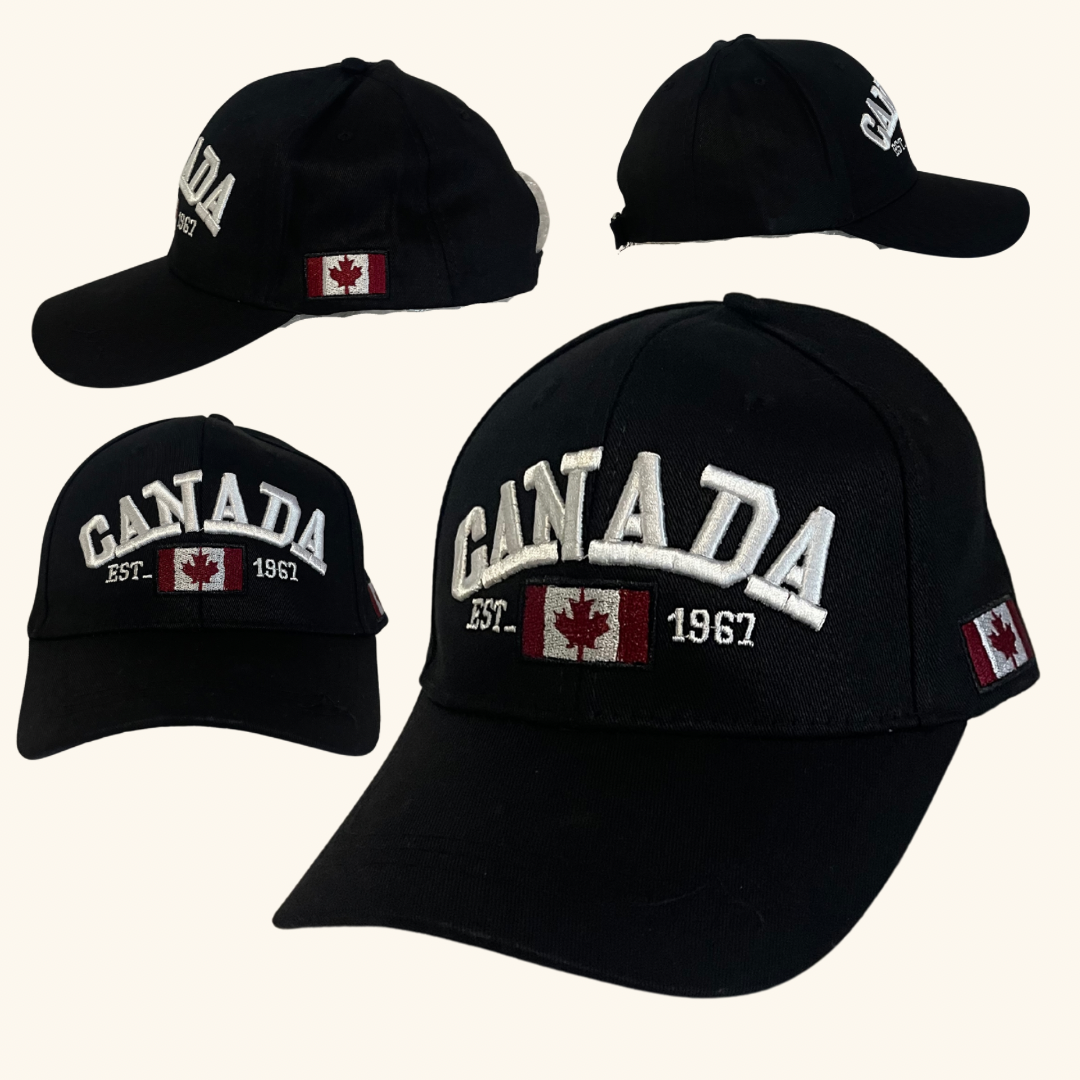 Black Canada baseball cap with embroidered ‘CANADA EST. 1967’ and Canadian flag patches on front and side
