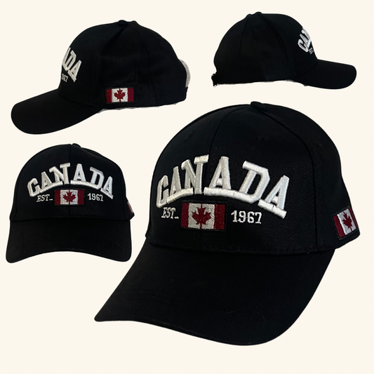 Black Canada baseball cap with embroidered ‘CANADA EST. 1967’ and Canadian flag patches on front and side
