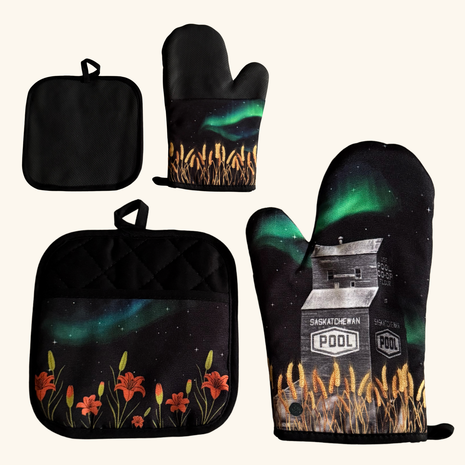 Prairie Oven Mitt & Pot Holder Set – Grain Elevator & Northern Lights