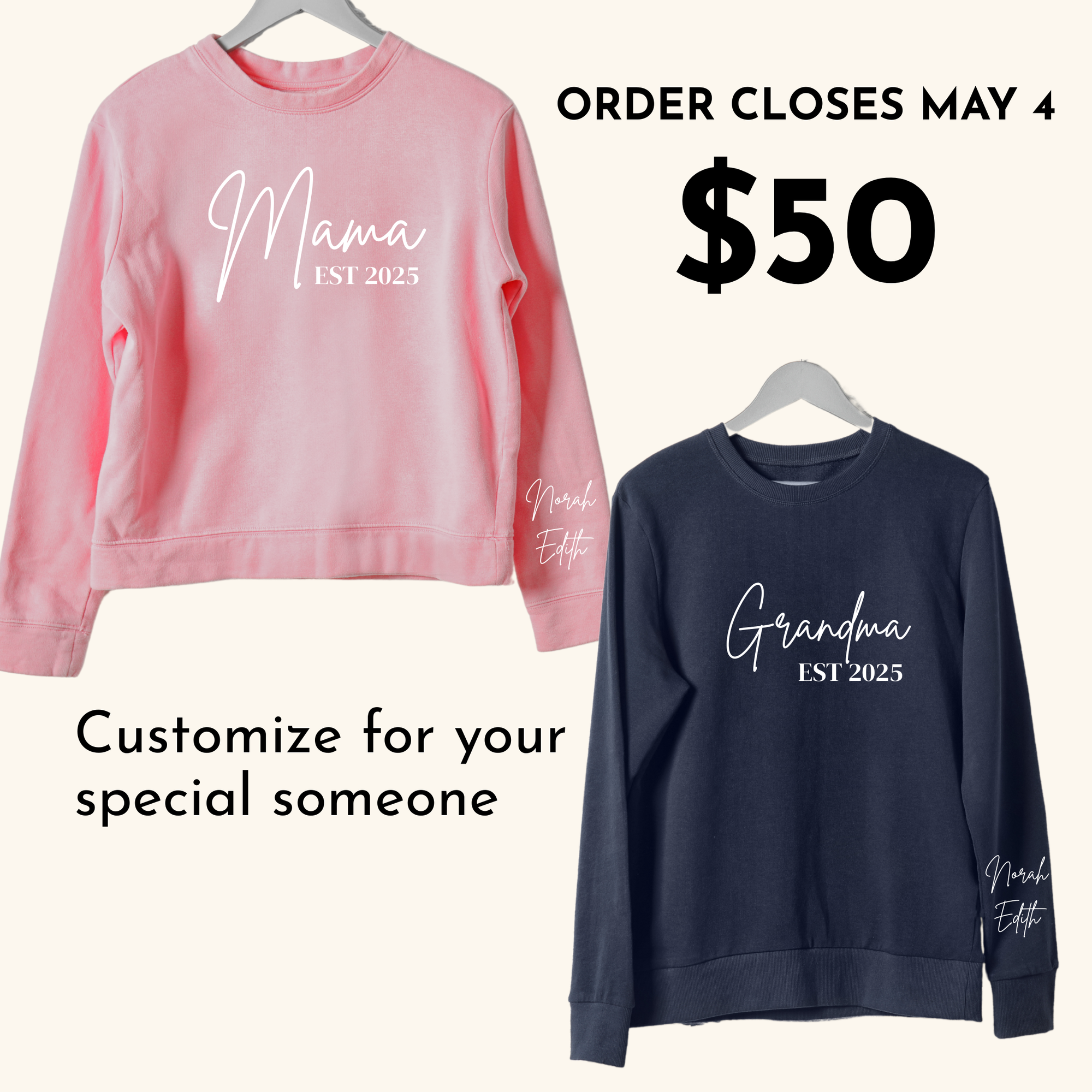 ✨ Custom Mother's Day Sweatshirt – Personalized Name & Sleeve Design ✨