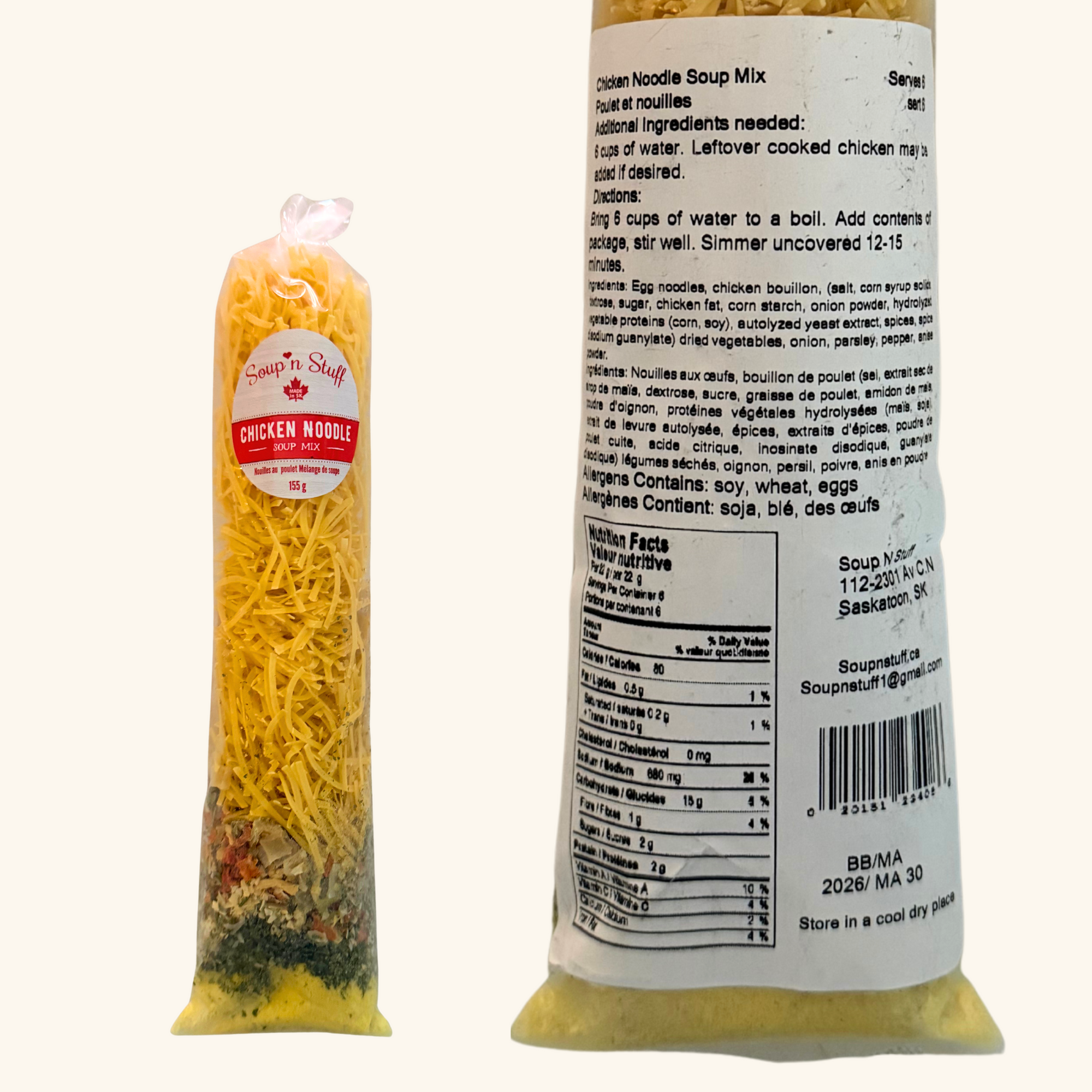 Close-up of Chicken Noodle Soup Mix with preparation instructions and nutritional facts shown.