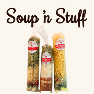 Three Soup ‘n Stuff dry soup mix packages (Borscht, Cabbage Roll, Chicken Noodle) standing upright with branded labels.