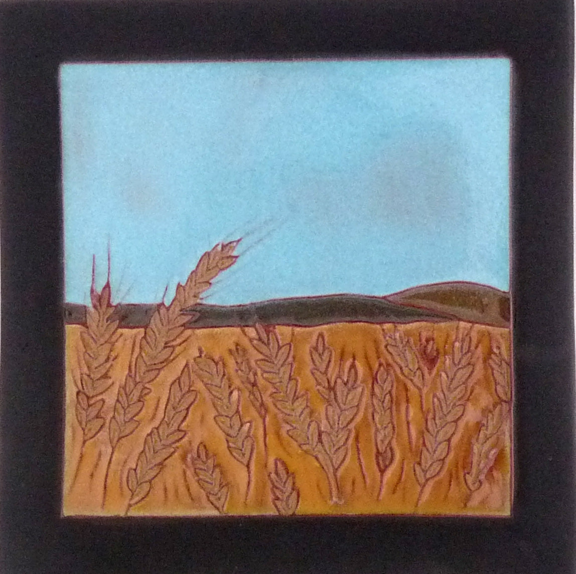 Artistic depiction of a field with barley under a blue sky, framed in black.