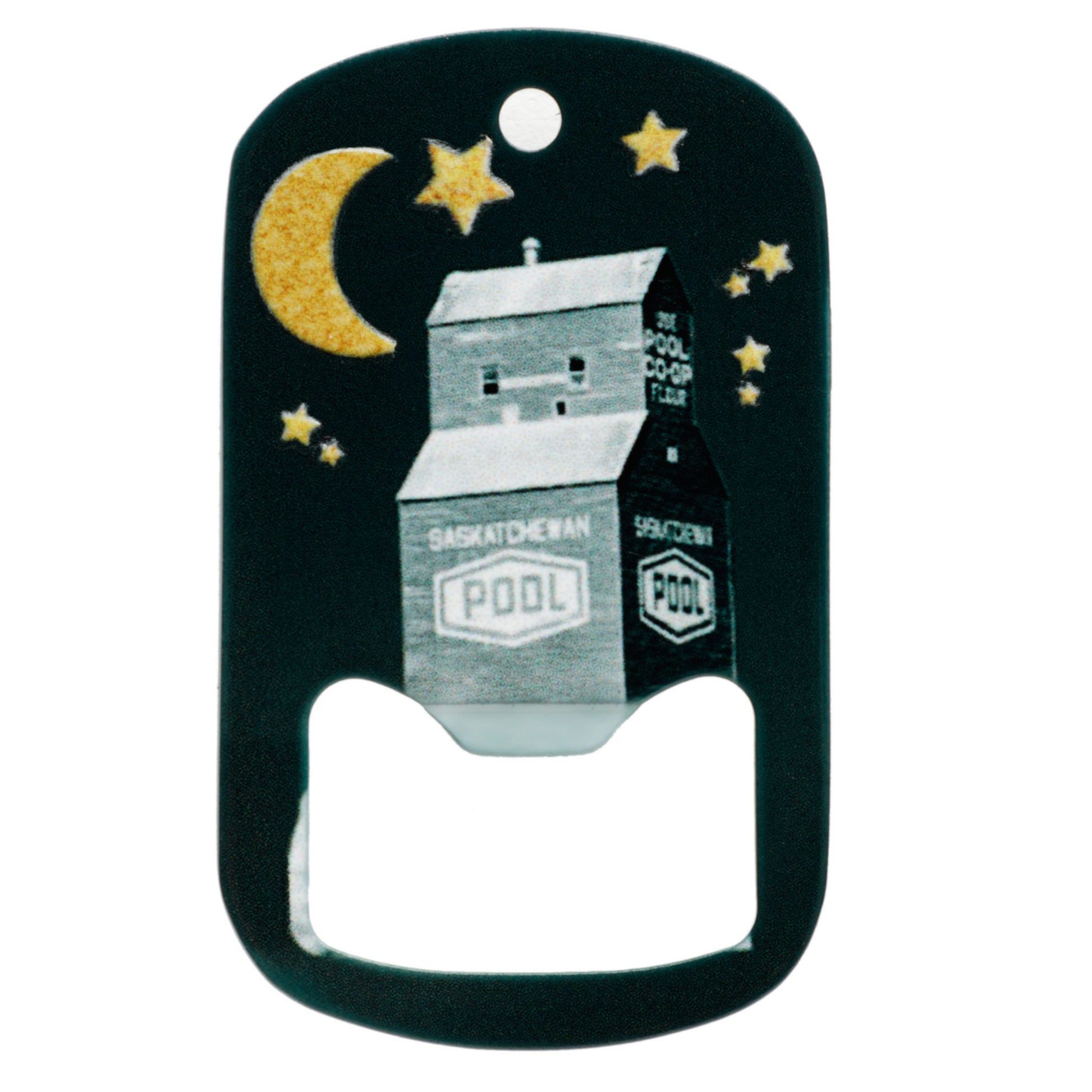 Bottle opener with Saskatchewan Pool branding and decorative design on a white background