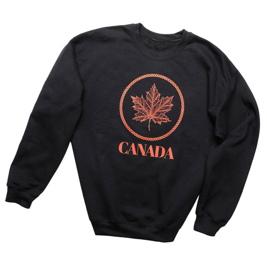 Black sweatshirt with red maple leaf and 'Canada' text on a white background