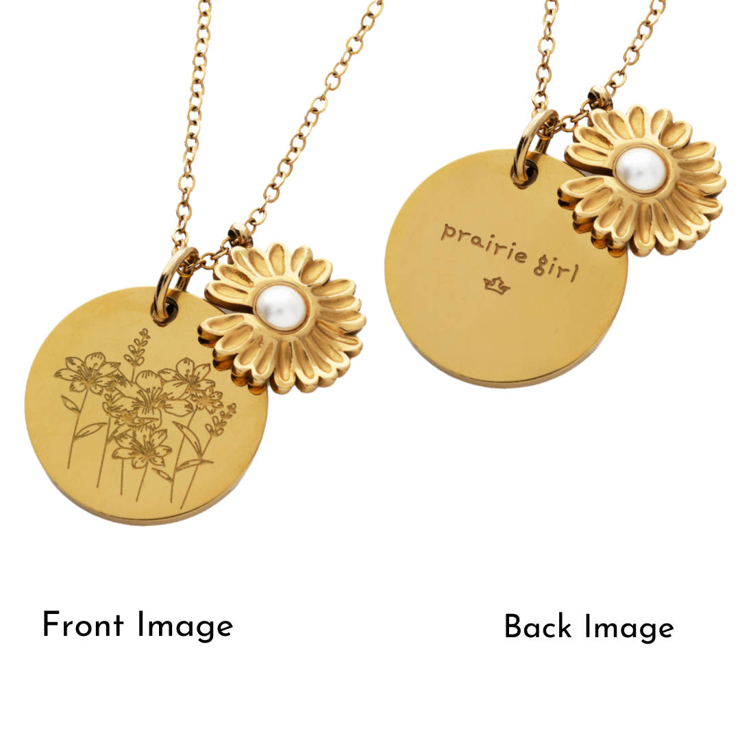 Woman wearing the Prairie Girl Necklace, a prairie-inspired pendant with wildflower engraving and a sunflower charm, perfect for everyday wear.