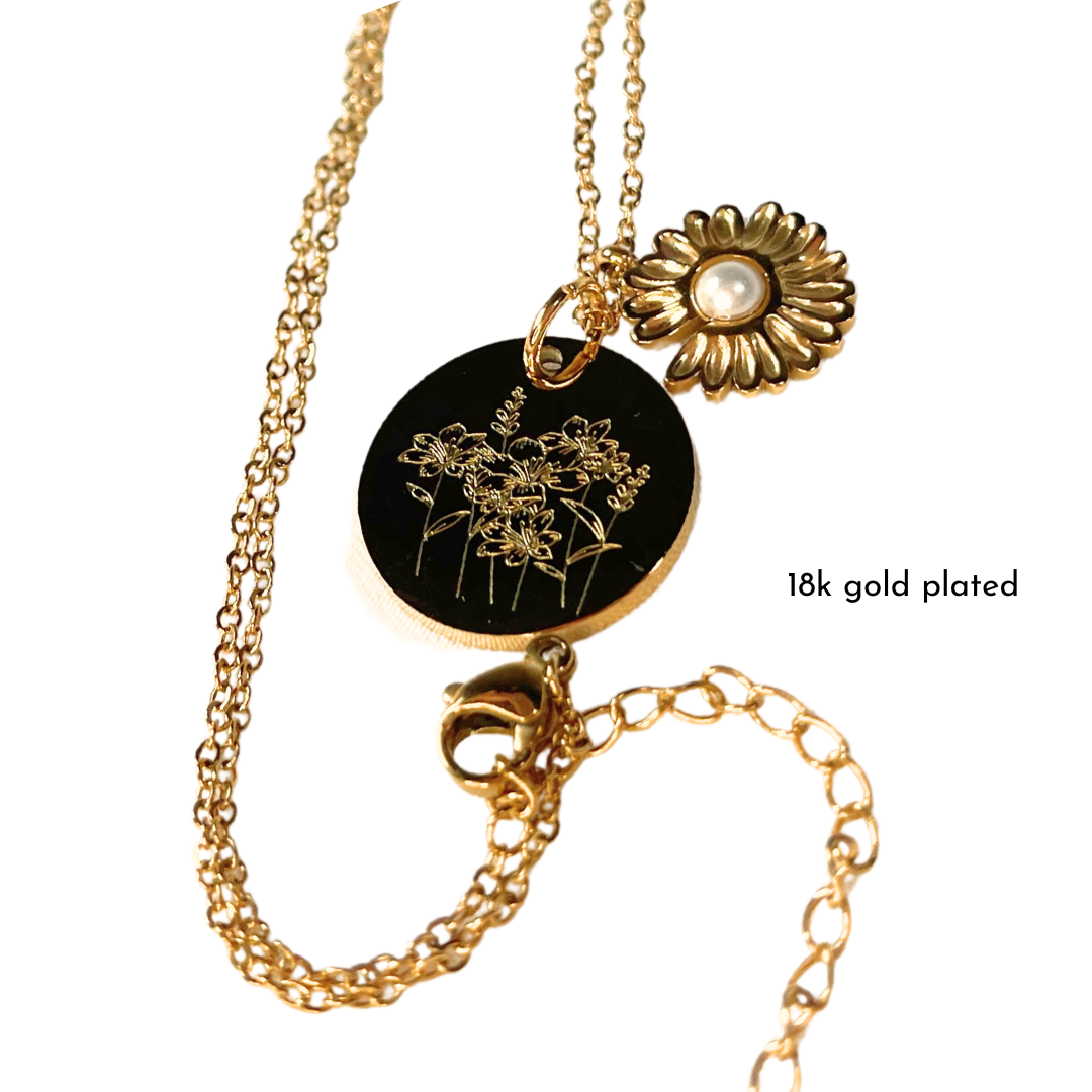 Prairie Girl Necklace with engraved wild prairie flowers and sunflower charm on an 18-inch chain – available in stainless steel and 18K gold plated.