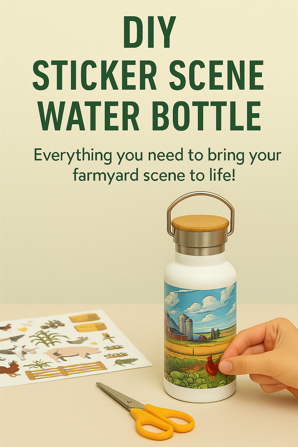 A white stainless steel water bottle featuring a farm scene, placed next to a farm-themed sticker sheet and orange-handled scissors, with a hand applying a sticker.