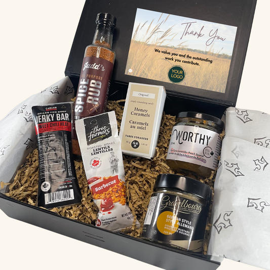 Give the gift of locally made gourmet excellence with the Executive Prairie Sampler, a premium collection of small-batch, Prairie-crafted foods. Designed for corporate gifting, client appreciation, and employee recognition, this elevated version of our classic Prairie Sampler includes a custom-branded card featuring your company logo, adding a personal touch to your thoughtful gift.