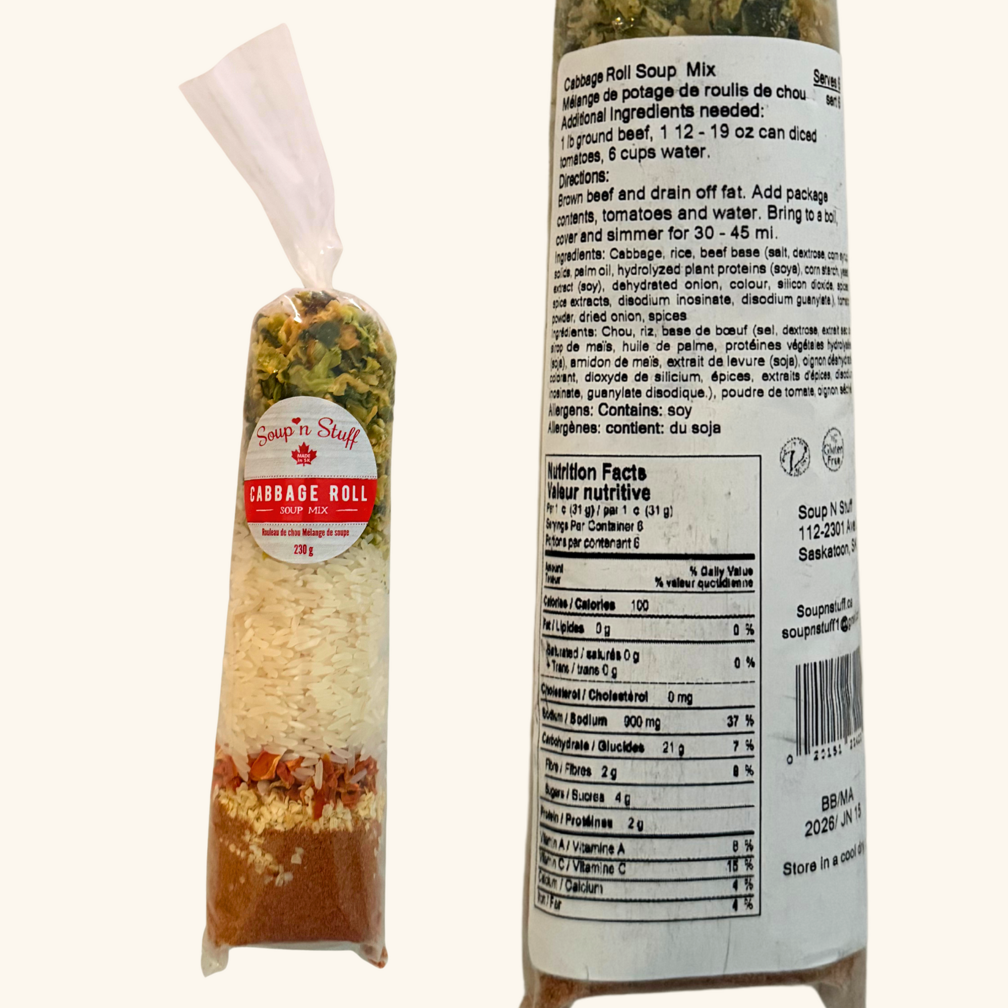 Cabbage Roll Soup Mix showing its layers of ingredients, directions, and label details.