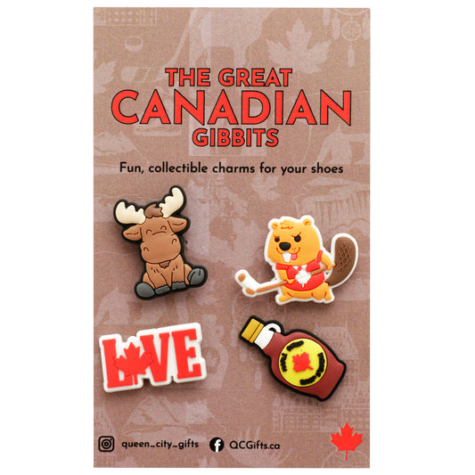 Promotional card for 'The Great Canadian Gibbets' with shoe charms and 'LOVE' sticker on a brown background.