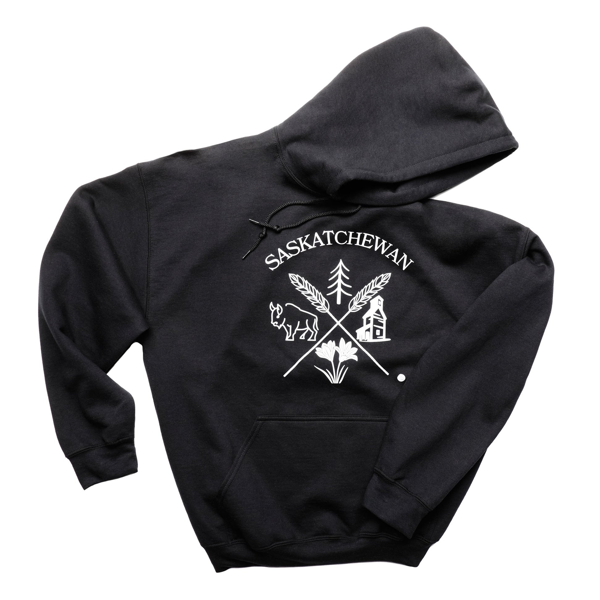 Black hoodie with white Saskatchewan logo on a white background