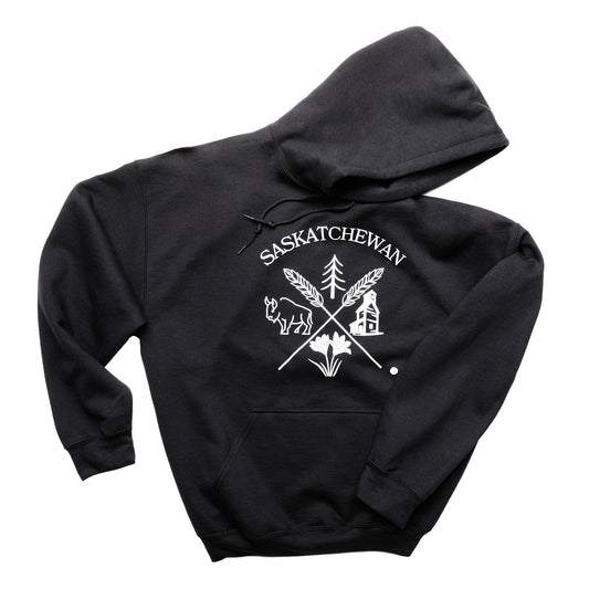 Black hoodie with white Saskatchewan logo on a white background