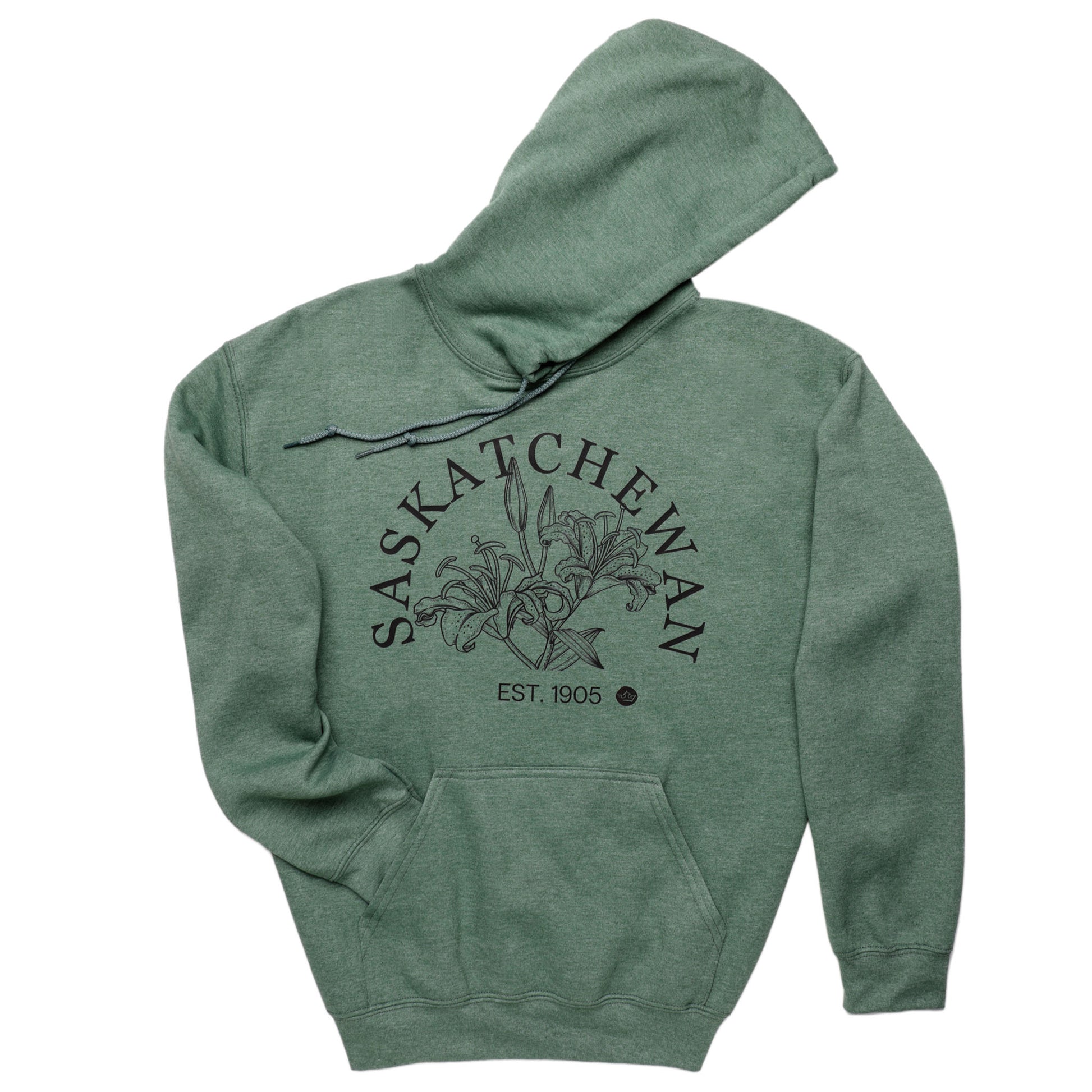 Green hoodie with 'Saskatchewan' text and floral design on a white background