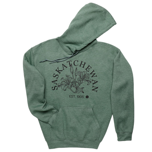 Green hoodie with 'Saskatchewan' text and floral design on a white background