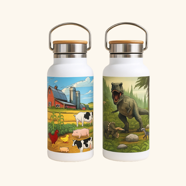 A DIY dinosaur-themed water bottle on a table with a sticker sheet and a pair of orange-handled scissors, with one hand applying a sticker to the bottle.