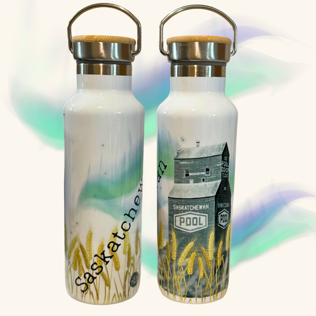 Water bottle with Saskatchewan wheat pool grain elevator on it. 