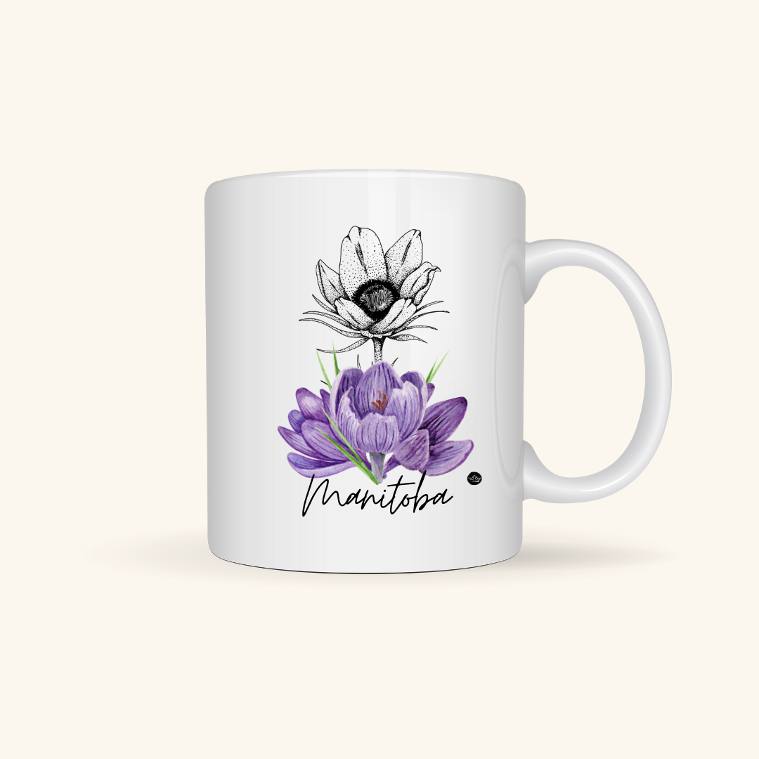 Manitoba Crocus ceramic mug, celebrating Manitoba’s provincial flower with a soft and elegant floral design.