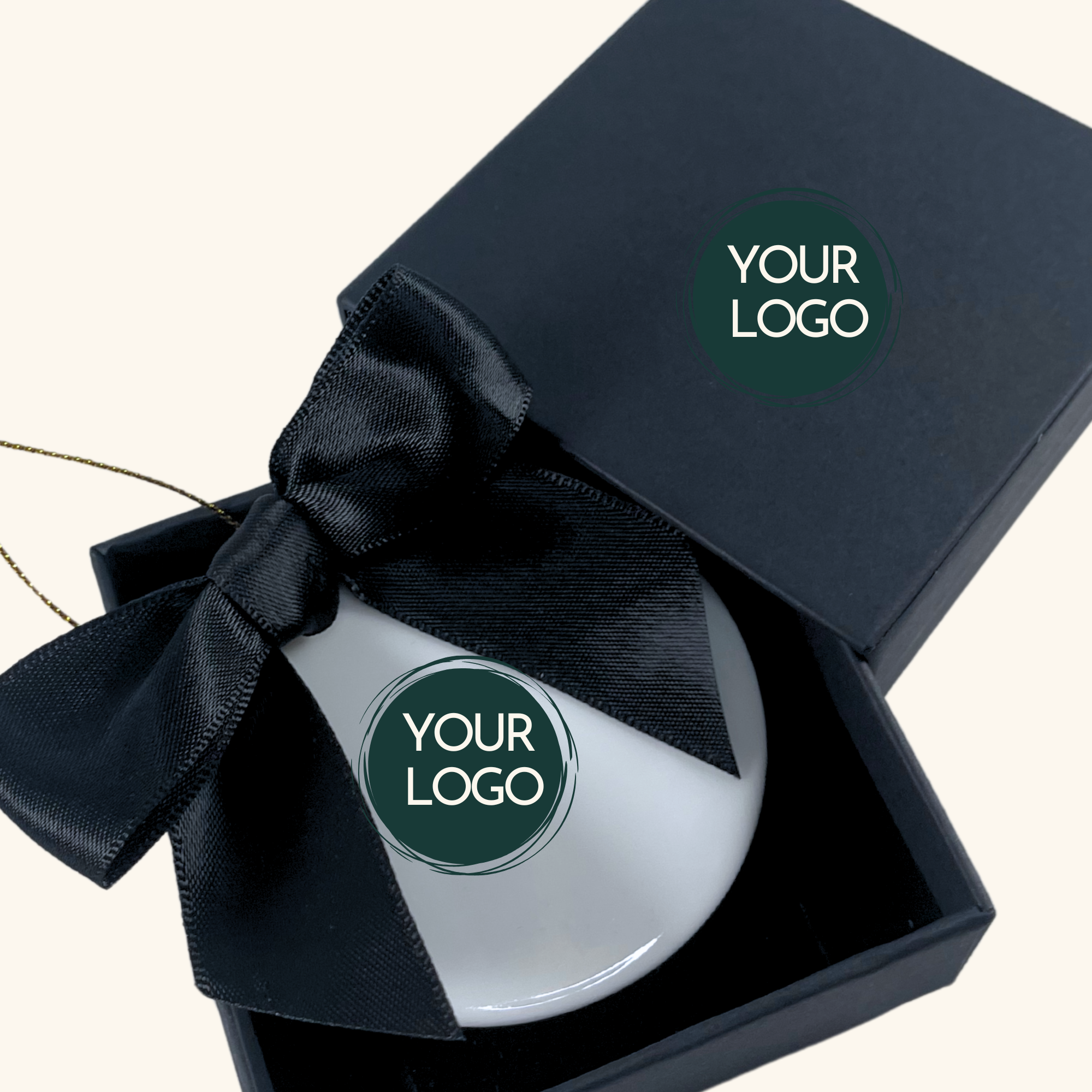 A beautifully packaged corporate gift box featuring a custom-made ornament, elegantly placed inside with decorative crinkle paper. The ornament showcases a fully customizable design, ideal for branding or special messages. The premium box adds a professional touch, making it a perfect corporate gift.