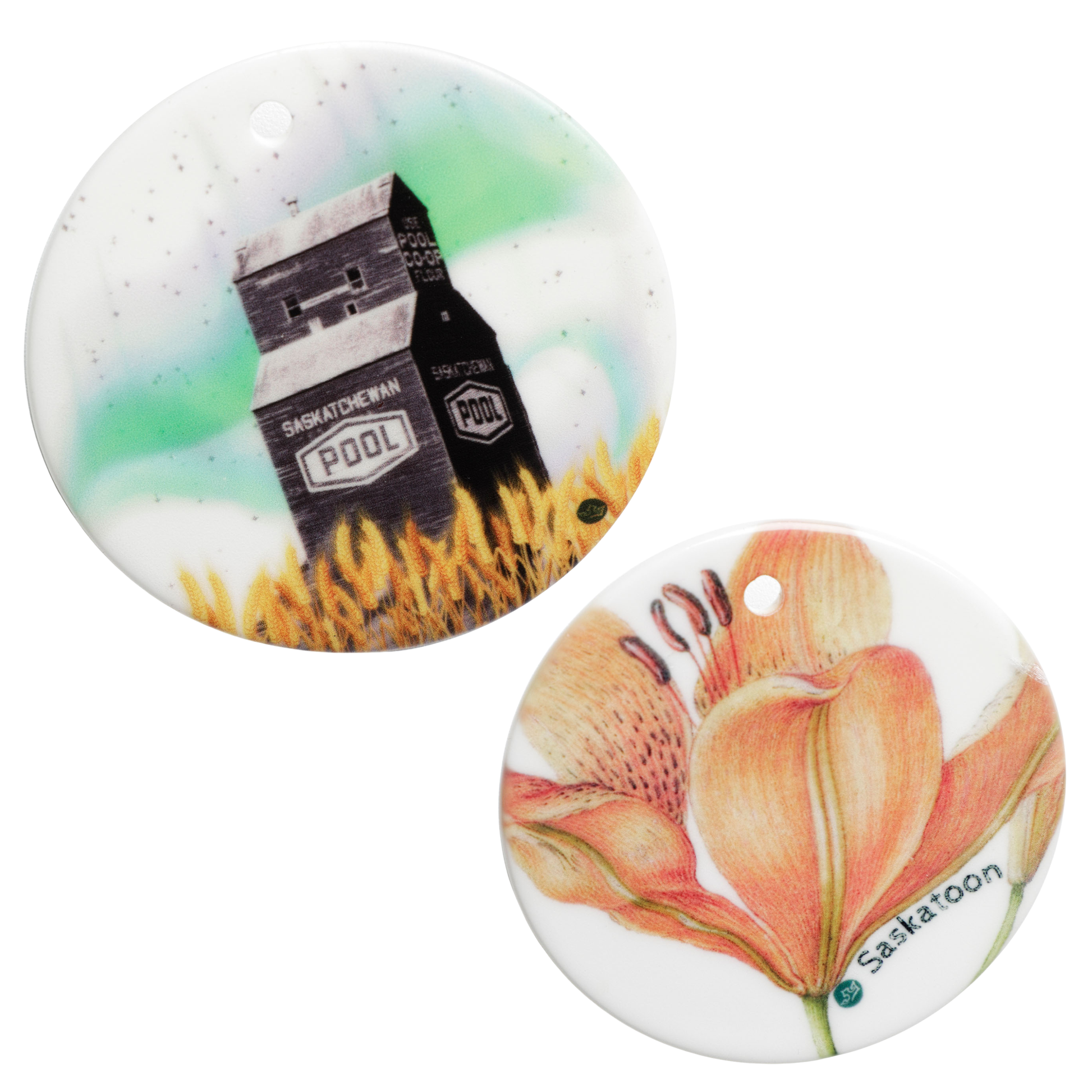 Two round ceramic items with different designs on a white background