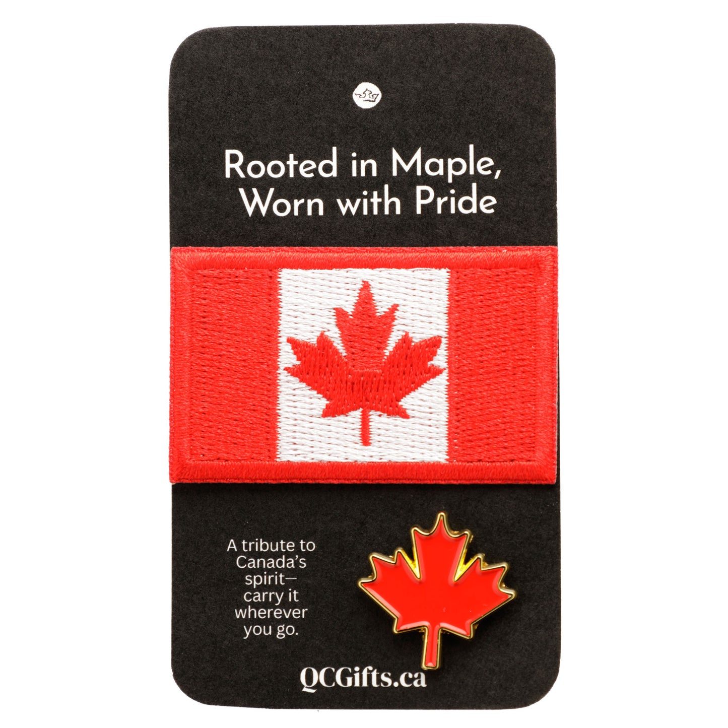 Canadian flag patch and maple leaf pin on a black card with text