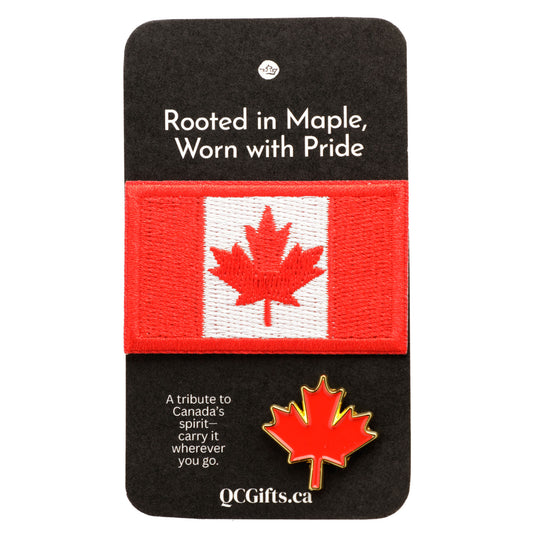 Canadian flag patch and maple leaf pin on a black card with text