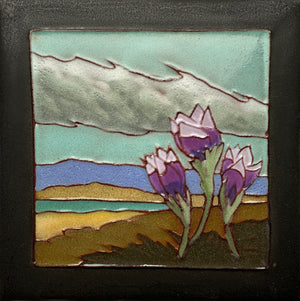 Decorative tile with stylized crocus manitoba flowers and landscape