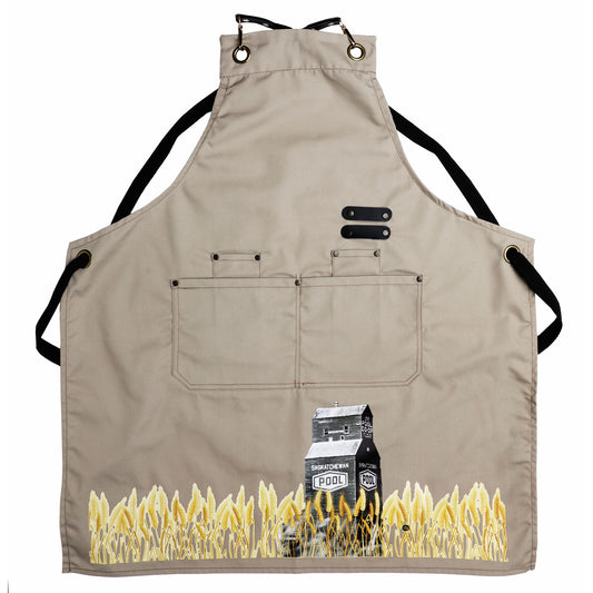 Beige apron with a graphic design of a milk carton and wheat on a white background