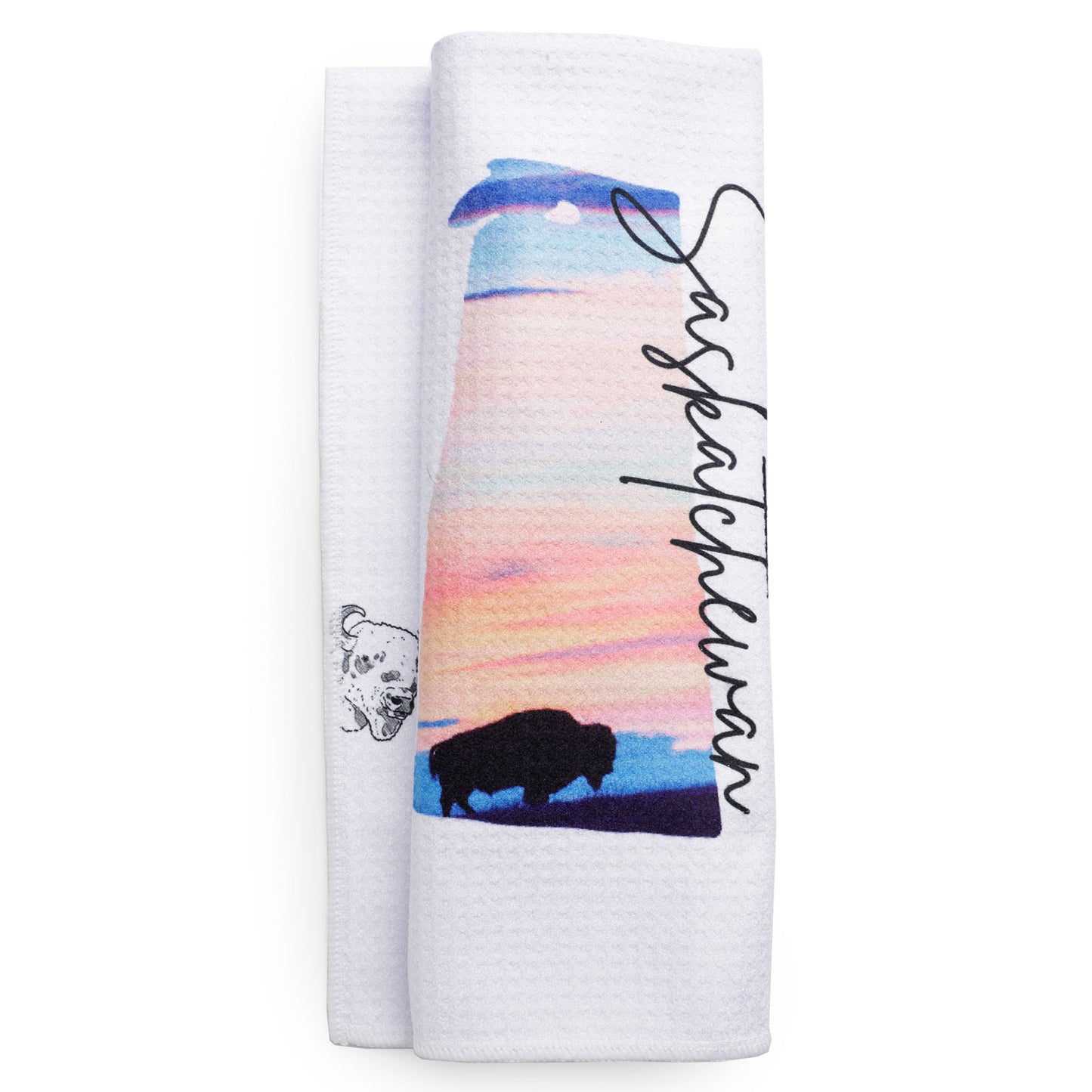 Two white towels with nature-themed designs and text on a white background
