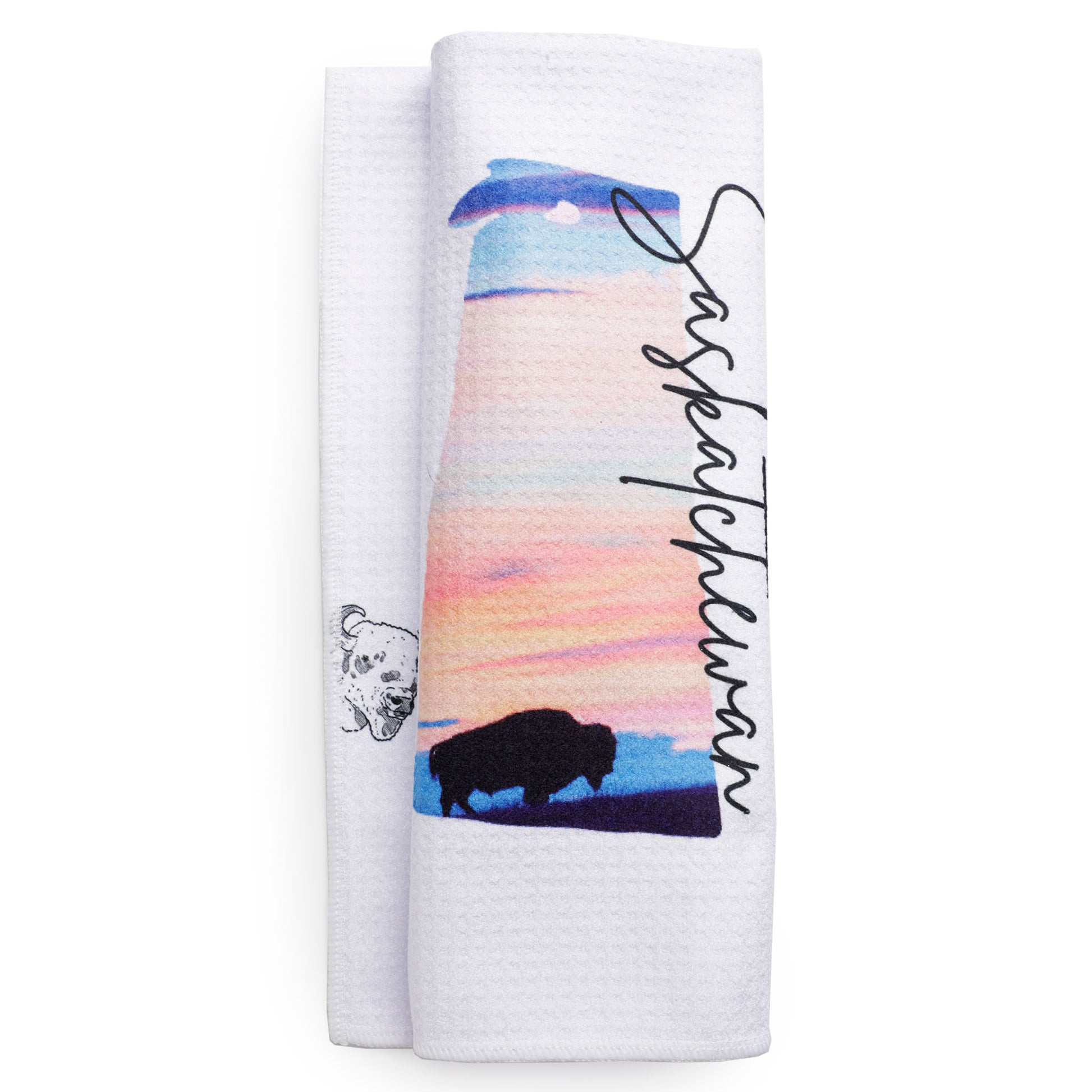 Two white towels with nature-themed designs and text on a white background