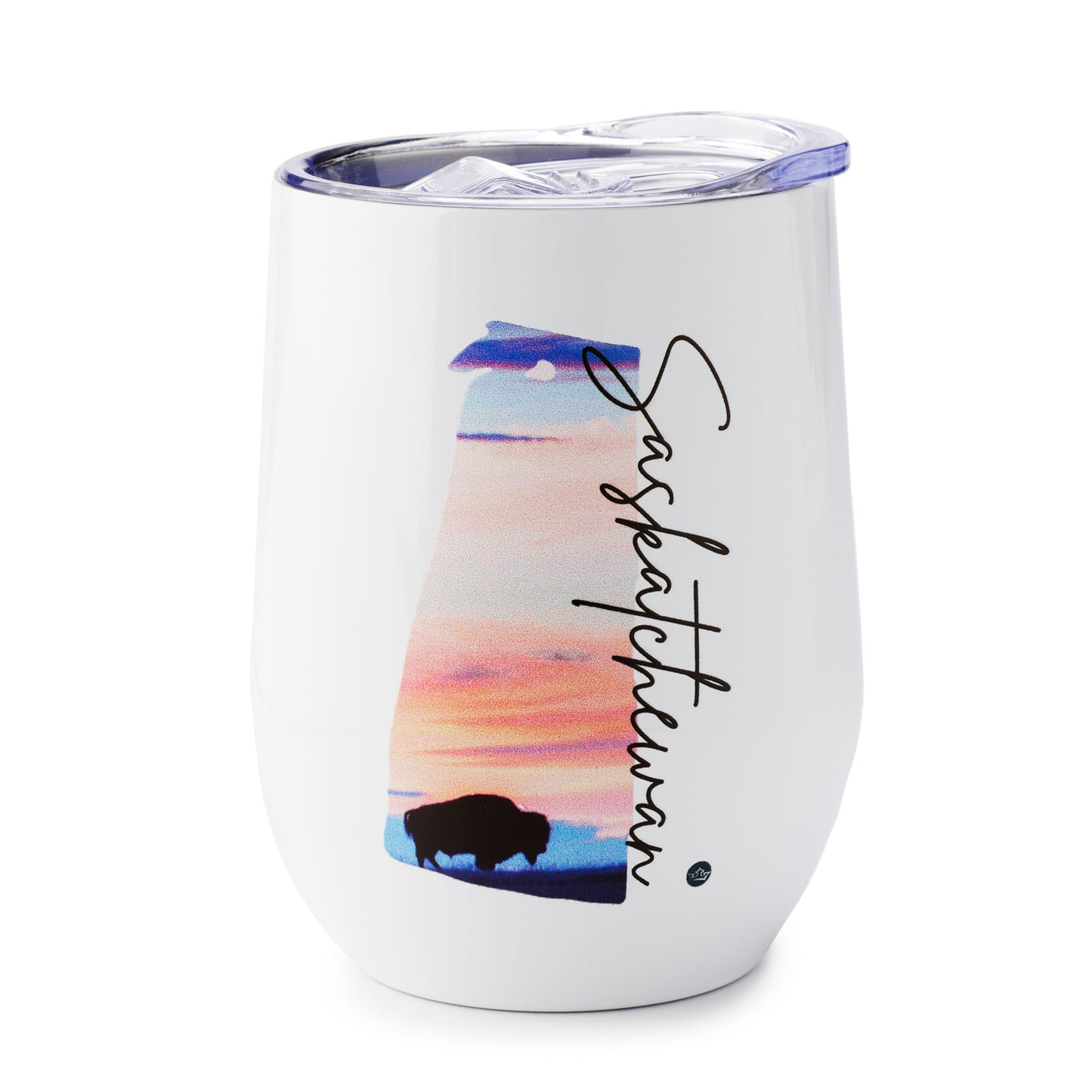 White tumbler with a colorful Saskatchewan design featuring a bison and sunset.