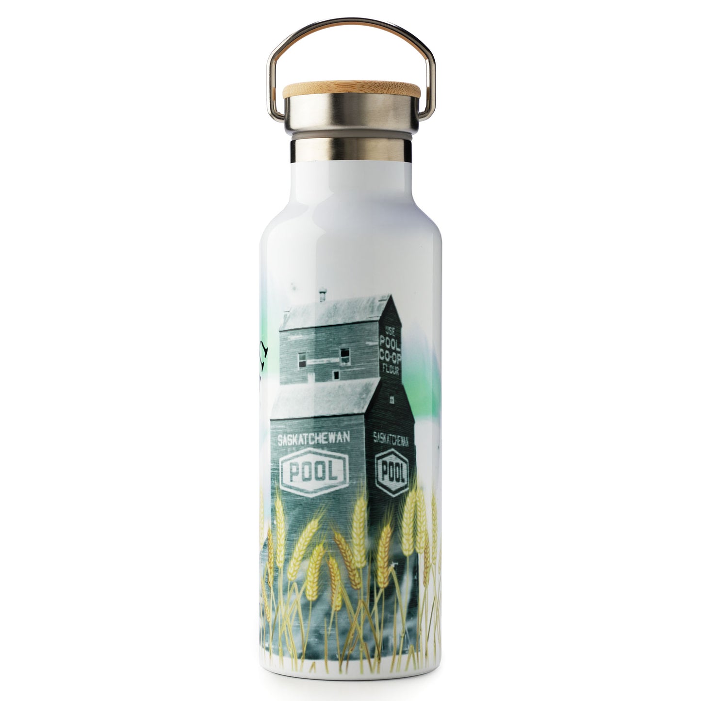 White water bottle with Saskatchewan Pool logo and wheat design on a white background